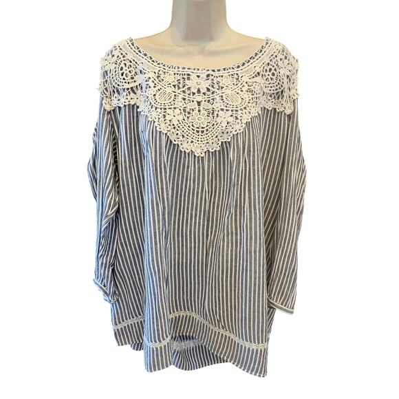 Vintage American chambray cold shoulder lace yolk 3X plus blouse relaxed EUC - Picture 2 of 8